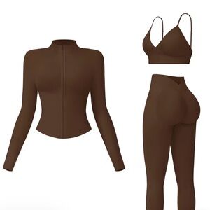 3-Piece Brown Active Set – Zip Jacket, Bra, High-Waist Leggings